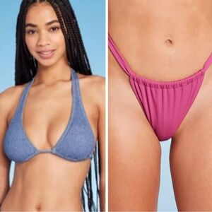 Wild Fable Denim Textured Halter Bikini Top and Shade Shore Pink‎ Bikini …​